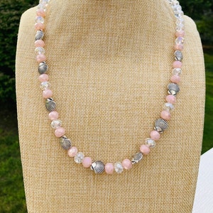 Seashell Necklace / Pink and Clear Crystal Necklace / Clam Necklace / Ocean Necklace / Beach Necklace / Silver Seashells /