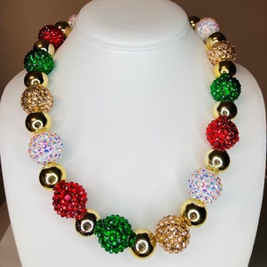 Christmas Beaded Necklace For Her / Chunky Christmas Necklace / Red, Green, Gold, and White Rhinestone / Holiday Necklace / Big Christmas