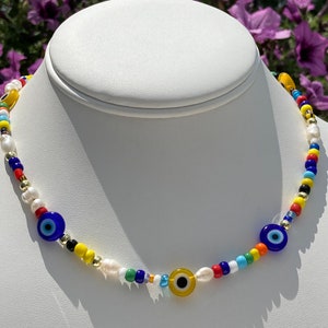 Y2K Necklace / Evil Eye Seed Bead Necklace / Freshwater Pearls - Etsy