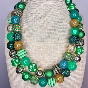 St. Patrick Green Gold Necklace / Green Rhinestones / Holiday Leprechaun / Polka Dot Stripe Beaded / Large Chunky Bubble Gum Statement