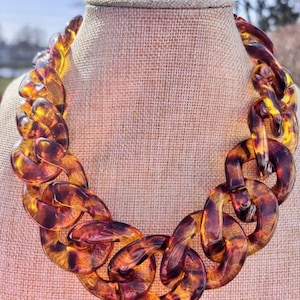 Brown Tortoise Link Necklace / Chunky Chain Link Statement Necklace