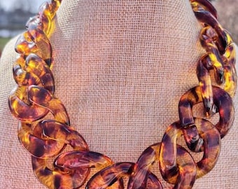 Brown Tortoise Link Necklace / Chunky Chain Link Statement Necklace