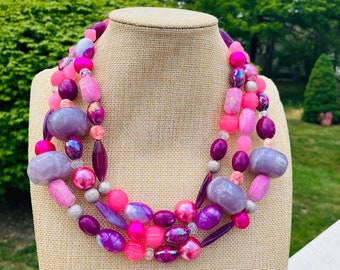 Multi Layered Large Chunky Pink Burgundy Necklace / Three layered Statement / Acrylic Crystals / Big Beaded