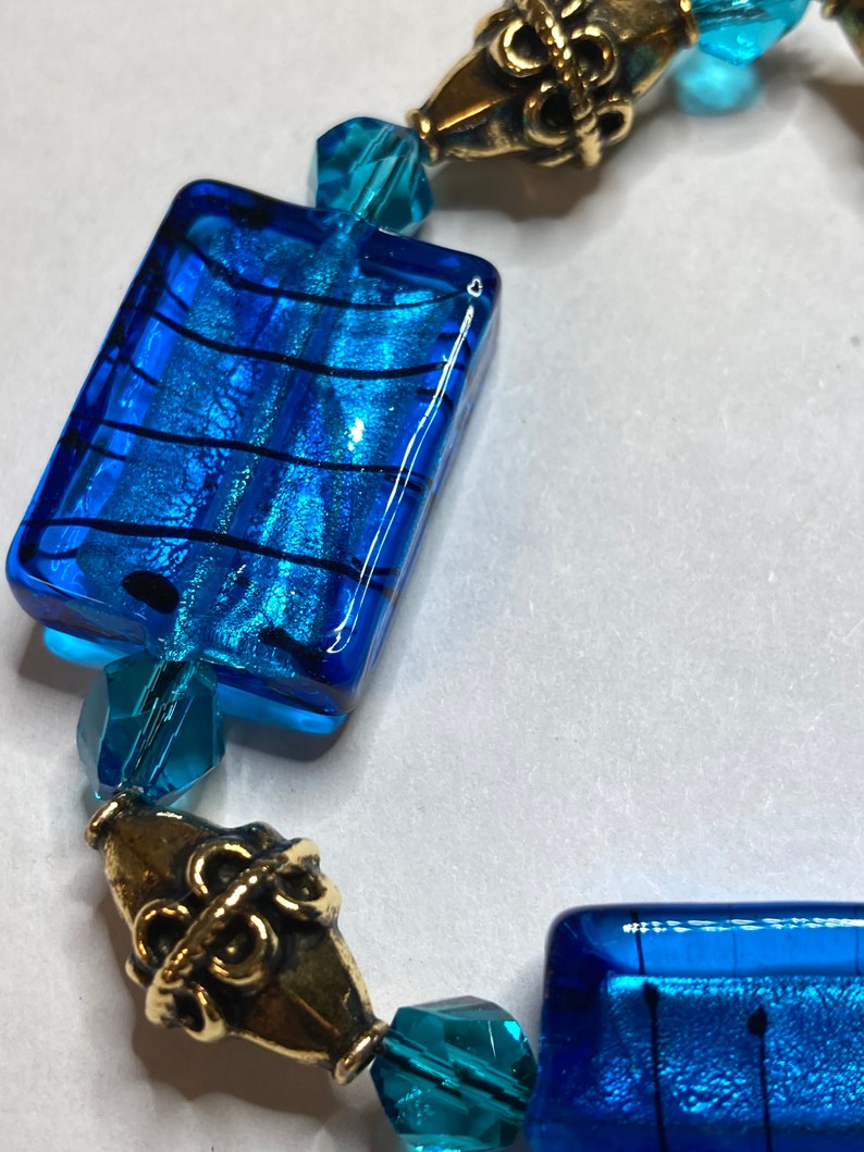 Blue Glass Rectangle Bead Blue Glass Bracelet Blue Rectangle Bracelet Bronze Bead Bracelet