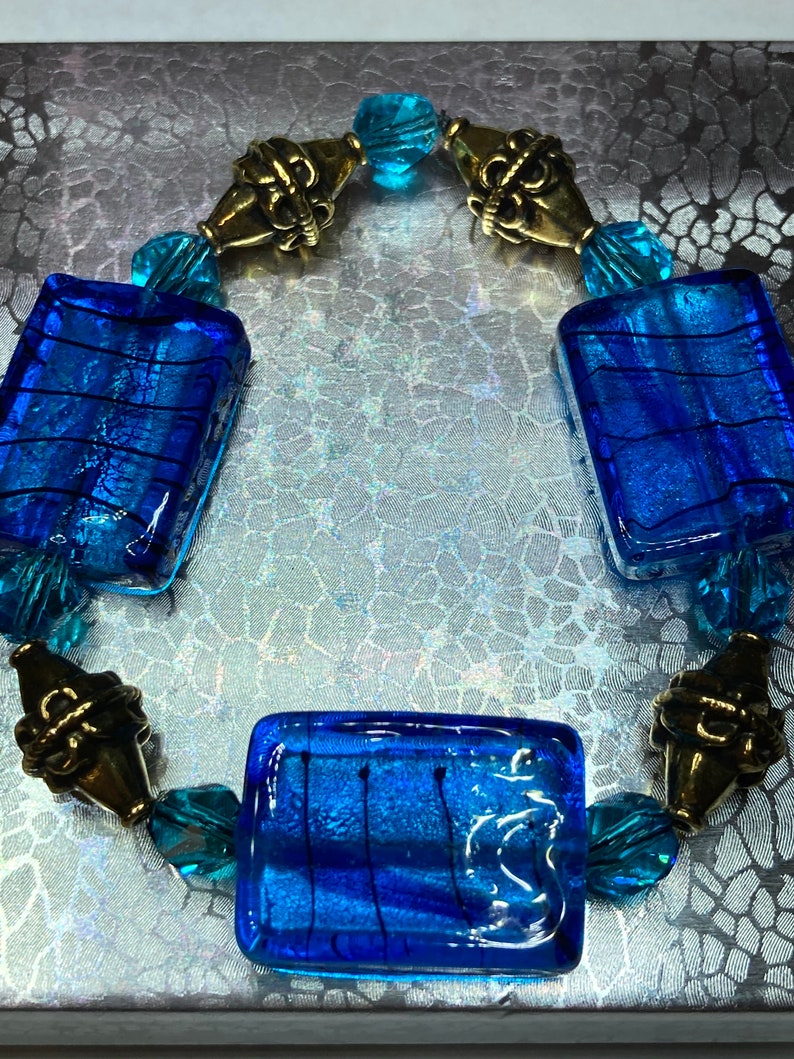 Blue Glass Rectangle Bead Blue Glass Bracelet Blue Rectangle Bracelet Bronze Bead Bracelet