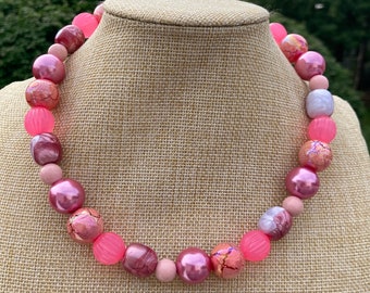 Multi Beaded Pink Necklace / Oval Round Tube Beads / Cute Fun Statement