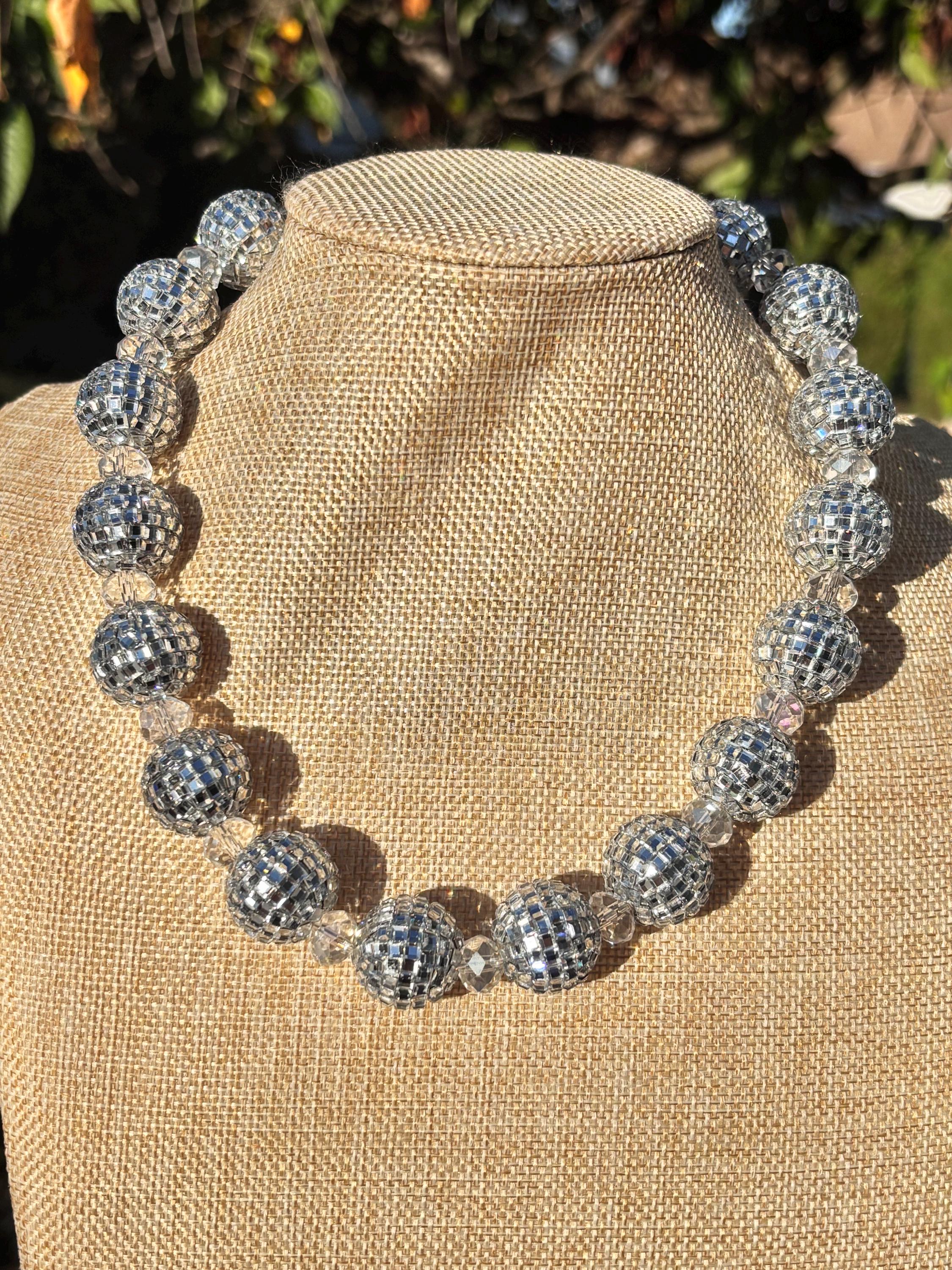 Disco Ball Silver Clear Crystal Beaded Necklace / Flashy Trendy