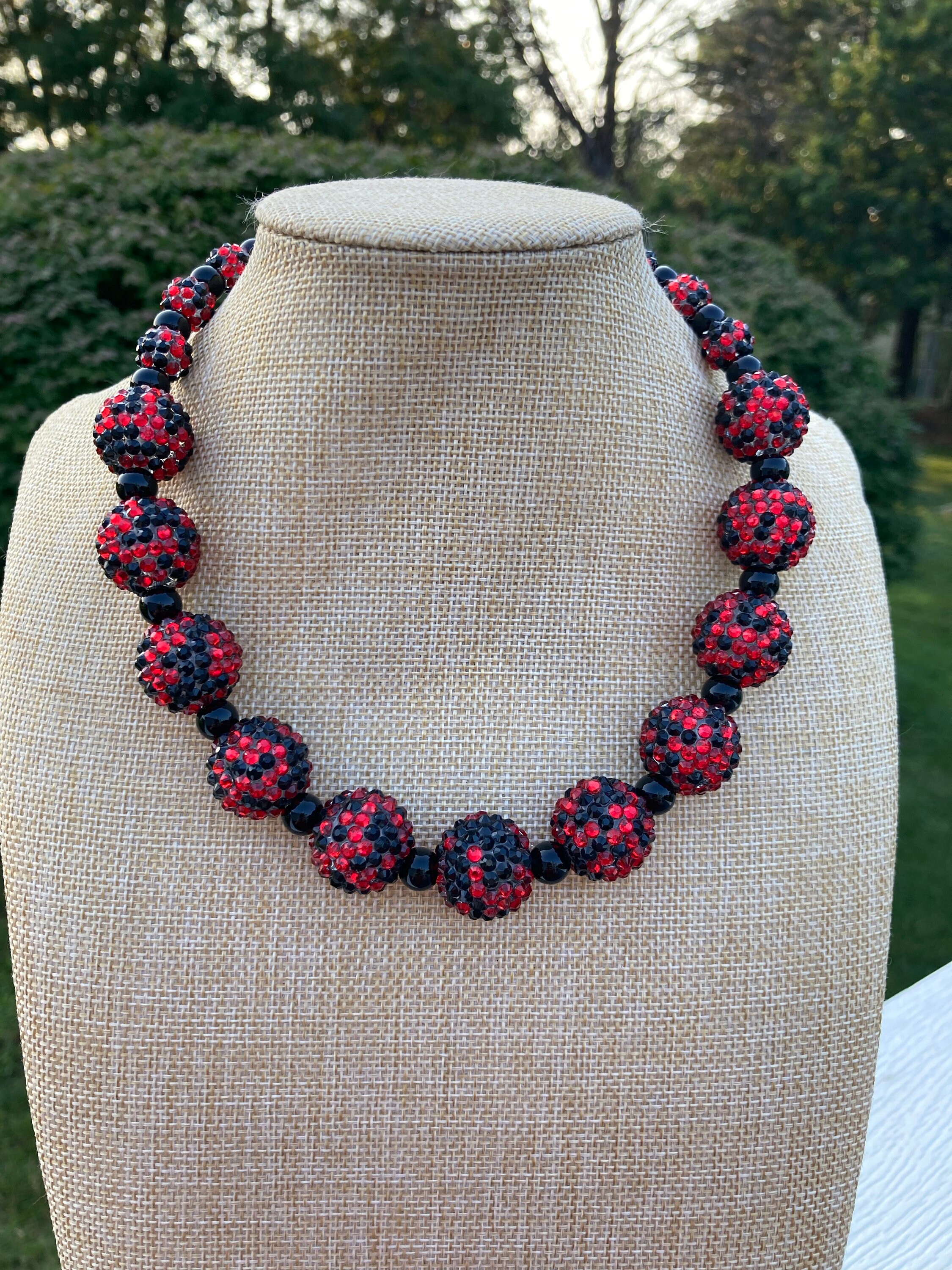 Chunky Red and Black Rhinestone Beaded Necklace / Black Onyx