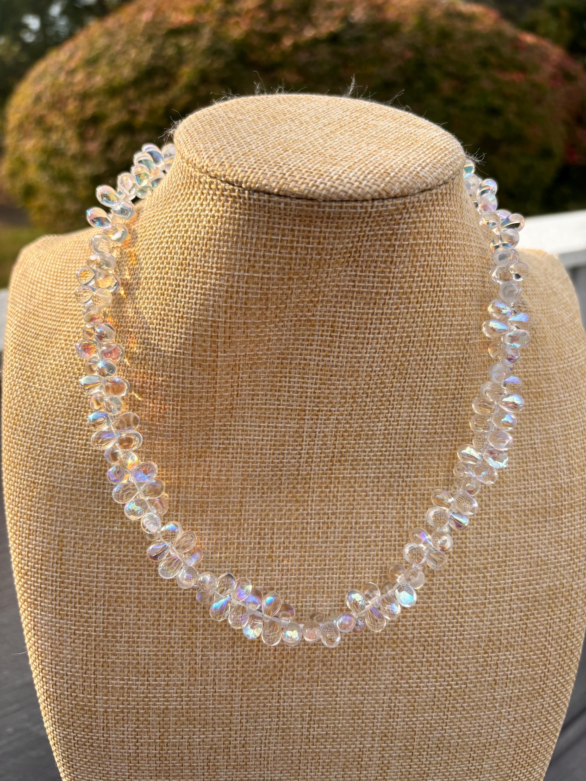 Clear Iridescent Teardrops Beaded Necklace / Statement Bib