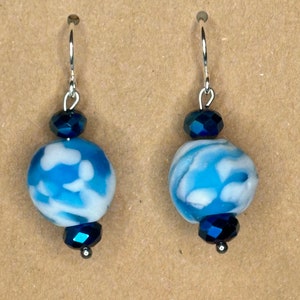 African Mosaic Beaded Earrings / Dark Blue Crystals Sky Clouds