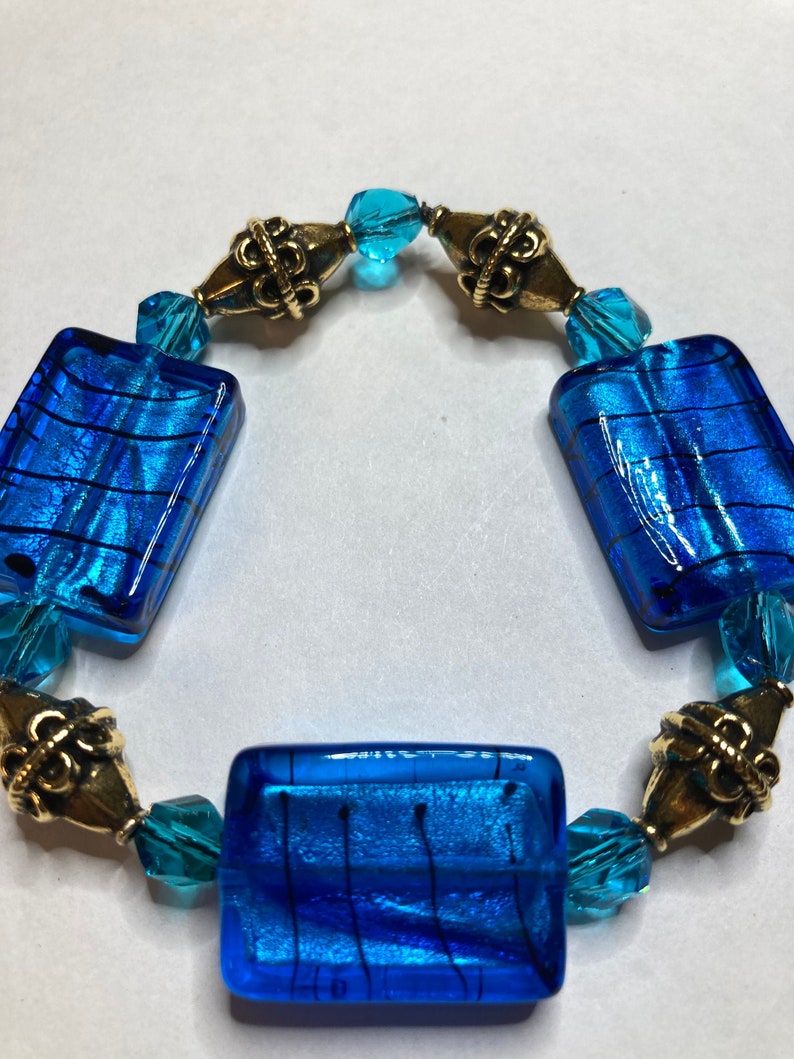 Blue Glass Rectangle Bead Blue Glass Bracelet Blue Rectangle Bracelet Bronze Bead Bracelet