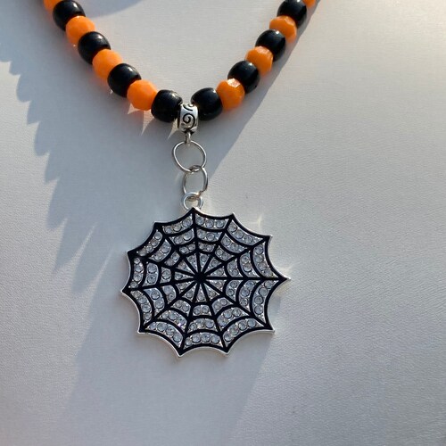 Gothic Rhinestone Spider Web Necklace / Beaded Halloween / shops Chain Halloween / Orange and Black / Halloween Fun Necklace / Halloween jewelry