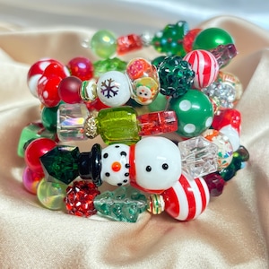 Festive Memory Holiday Christmas Trees Candy Canes Snowflake Gloves Wraparound Bracelet / Rhinestones MultiBeaded Green Red Clear whimsical