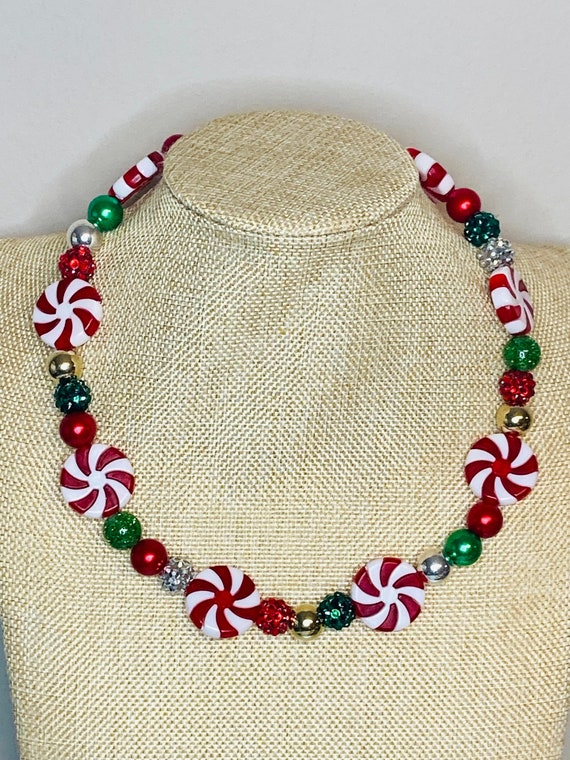 Christmas Peppermint Candy Necklace / Green Silver Gold Red