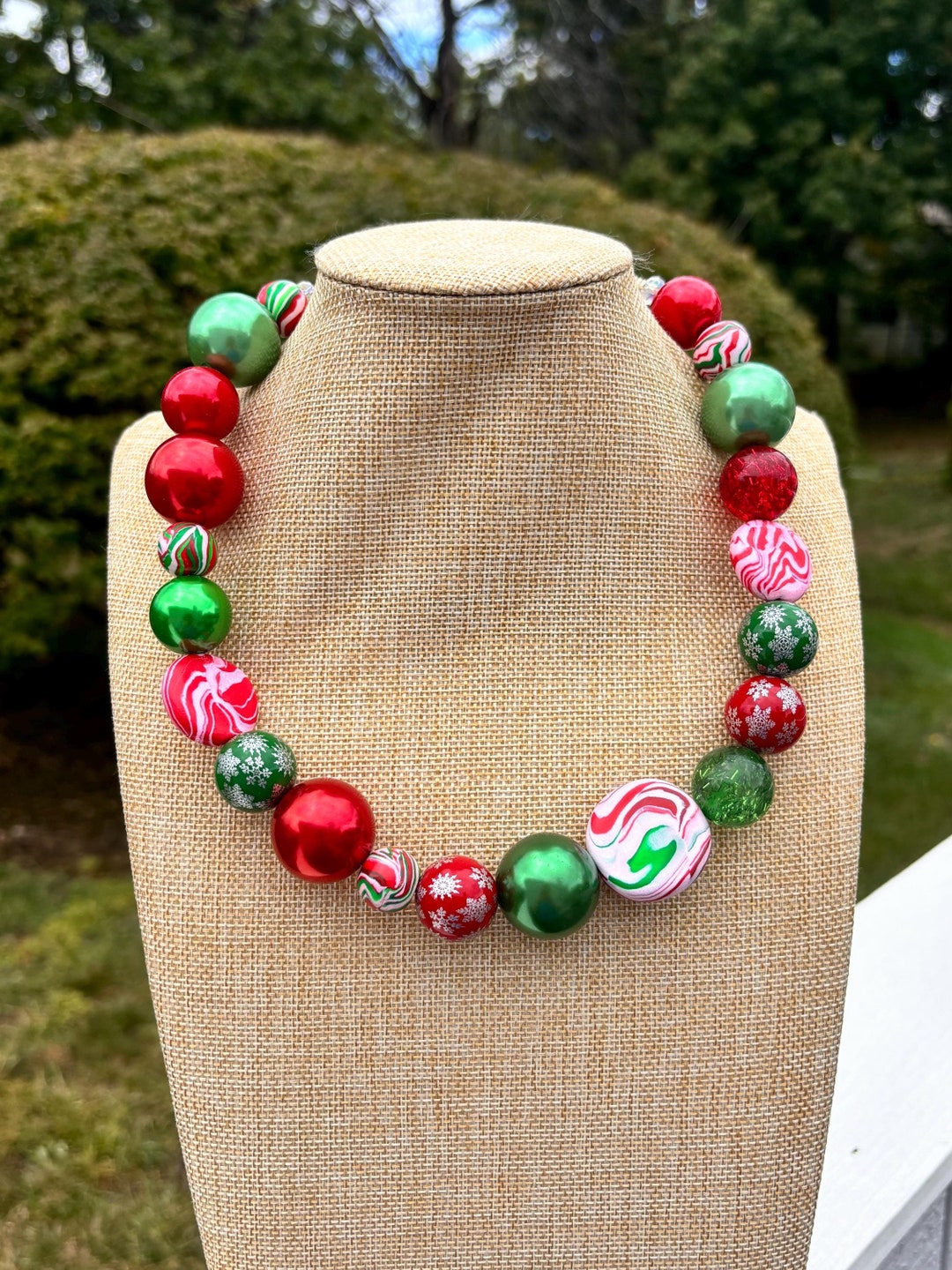 Peppermint Christmas Chunky Beaded Necklace Candy Swirl Beads Green Red Striped Beads Holiday Jewelry Etsy