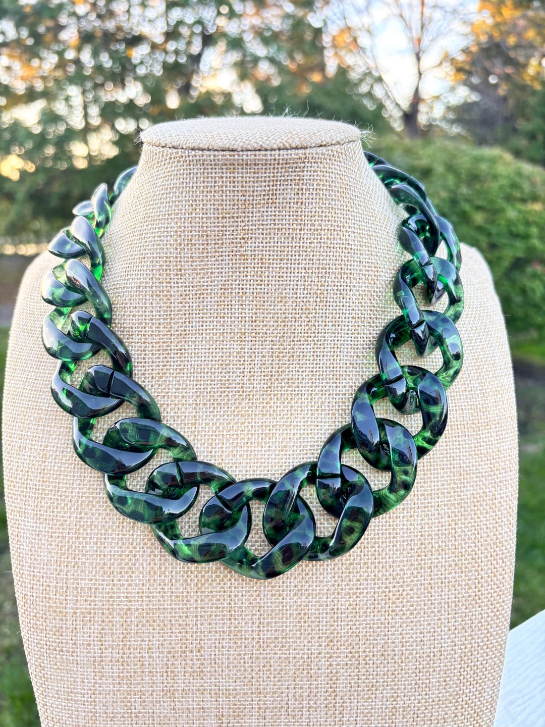 Chunky Green Tortoise Link Necklace / Chain Link Acrylic / Holiday