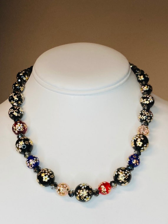 Japanese Glass Beaded Necklace Flower Glass Beads Black Red