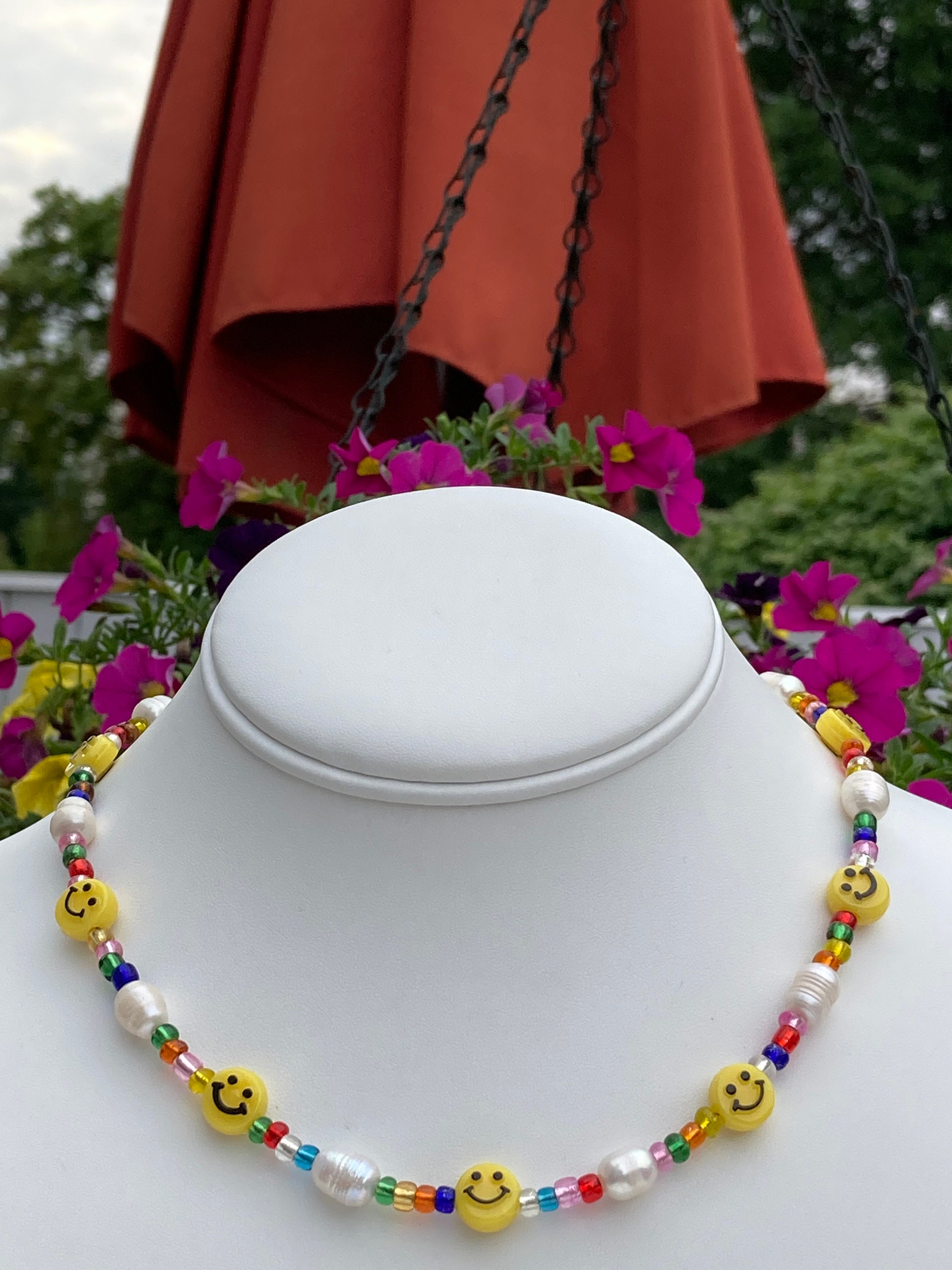 Smiley Y2K Beaded Choker Boho Necklace Pearl Dice Necklace 