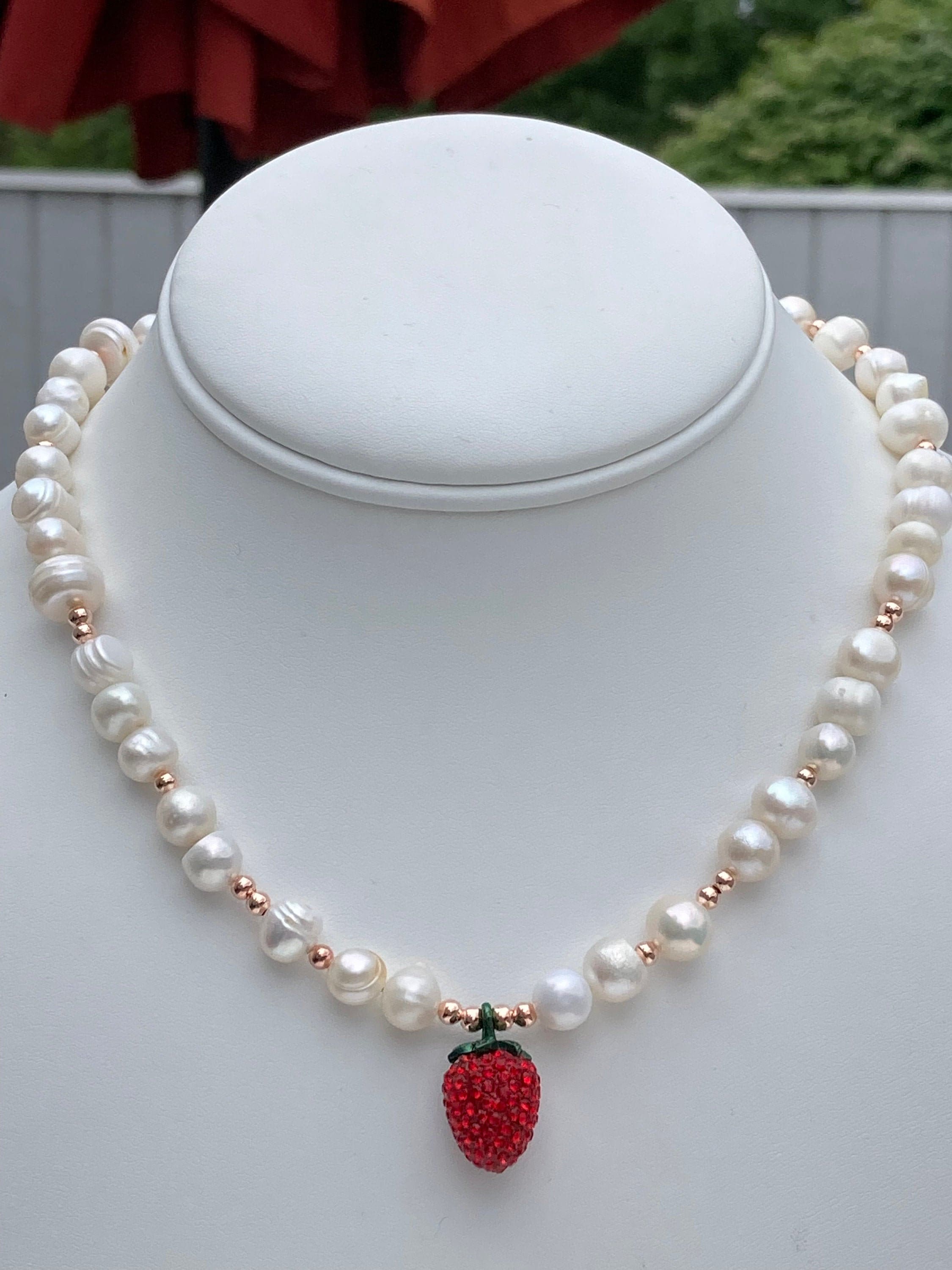 Rhinestone Strawberry Necklace / Freshwater Pearls / Fruit Etsy