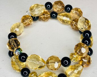 Memory Champagne Gold Black Glass Beaded Bracelet / Wraparound / Wired Bracelet / Any Size Fits /