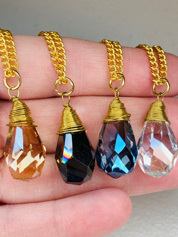 Glass Crystal Necklace Wire Wrapped Glass Briolette Pendants Necklace Clear Pendant Light Brown Blue Pendant black Pendant Etsy Canada