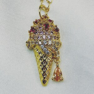 18K Gold Filled Cubic Zirconia Ice Cream Cone Pendant Necklace / Sweets Food Dessert Jewelry /