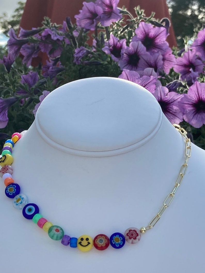 14K Paperclip Chain Necklace / Half Beaded Necklace / Smiley Etsy