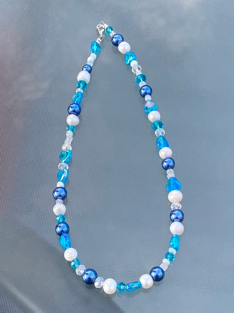 Blueberry Pearl Necklace / Blue Heart Necklace / Y2K Necklace | Etsy