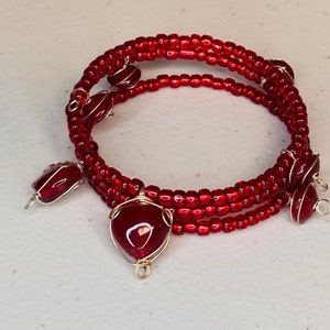 Memory Red Seed Bead with Red Glass Wired Beads / Wired Red Hearts / Wraparound Heart Bracelet / Valentine Everyday Love