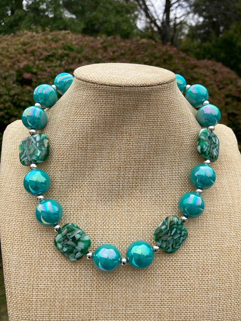 Green Marled Beaded Necklace with Cheetah Tassel main image 0