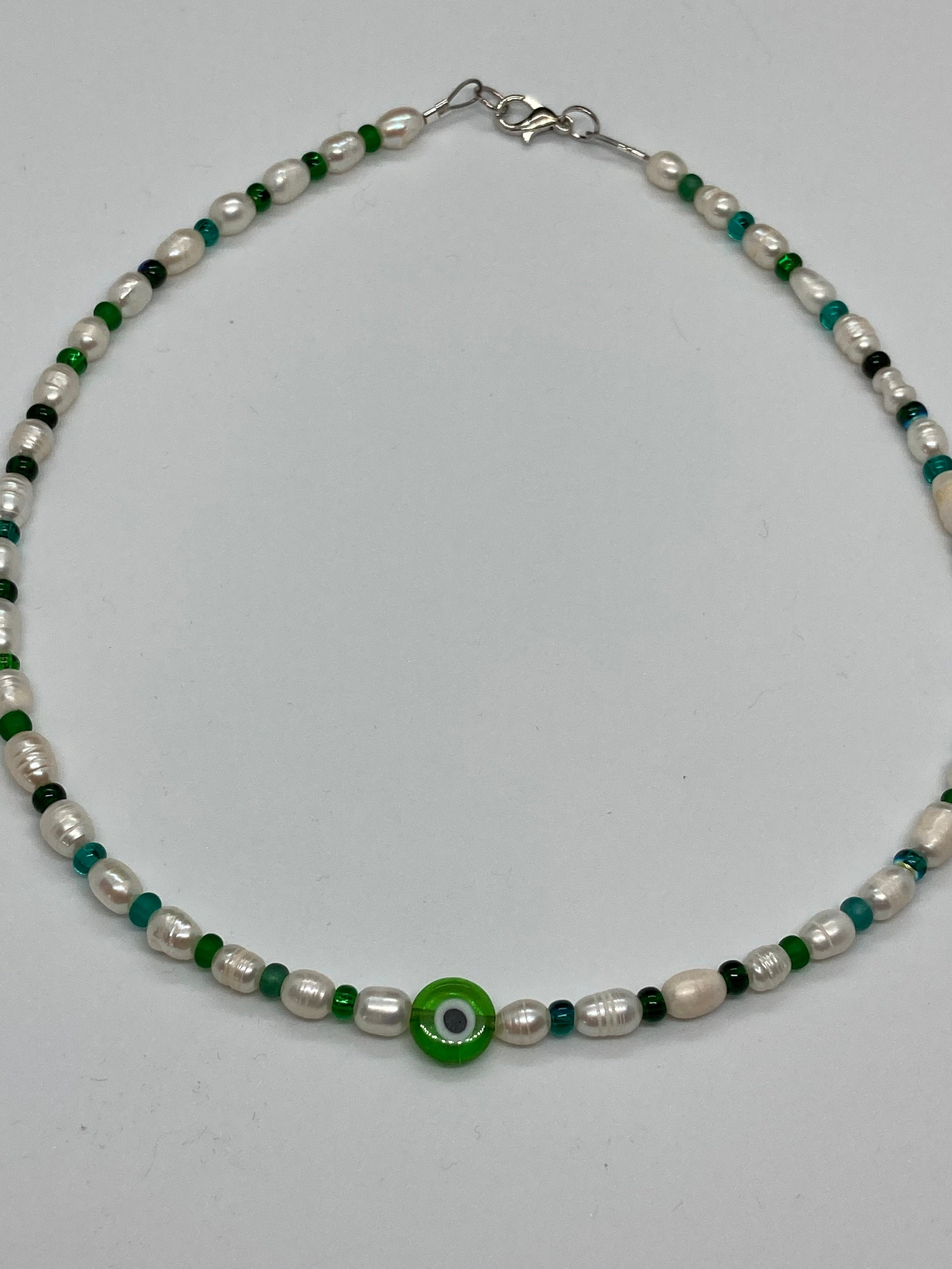 Green Evil Eye Necklace / Freshwater Pearl Necklace / Green Etsy