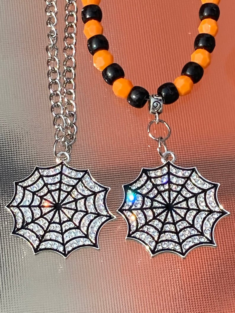 Gothic Rhinestone Spider Web Necklace / Beaded Halloween / shops Chain Halloween / Orange and Black / Halloween Fun Necklace / Halloween jewelry