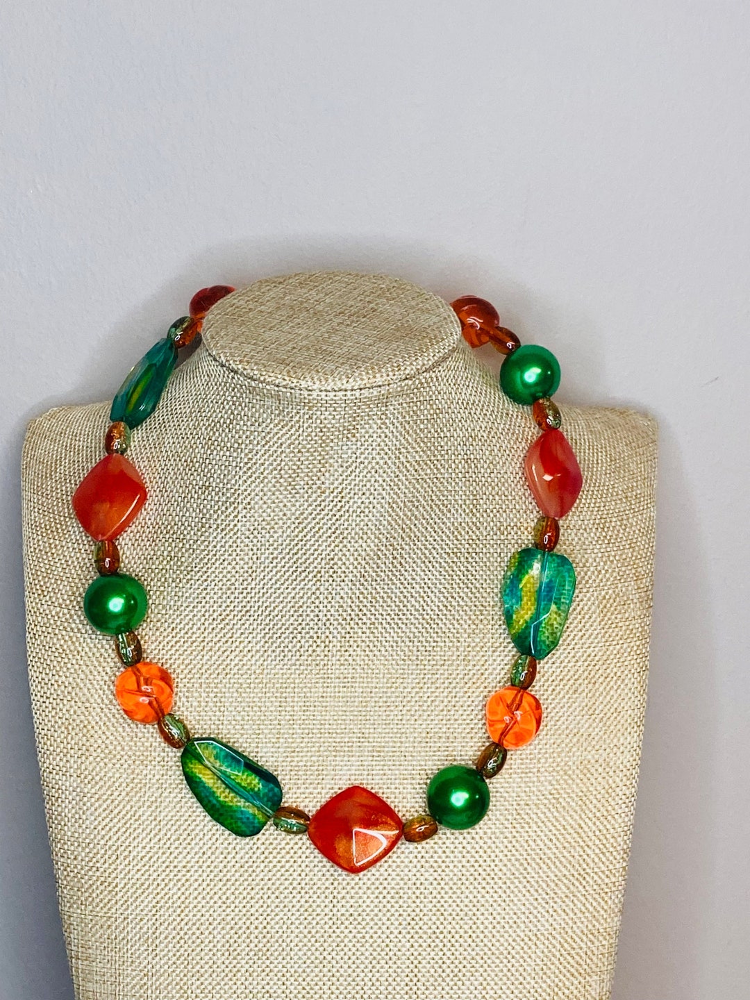 Stylish Colorful Beaded Necklace / Orange Green Yellow / Spring Summer ...