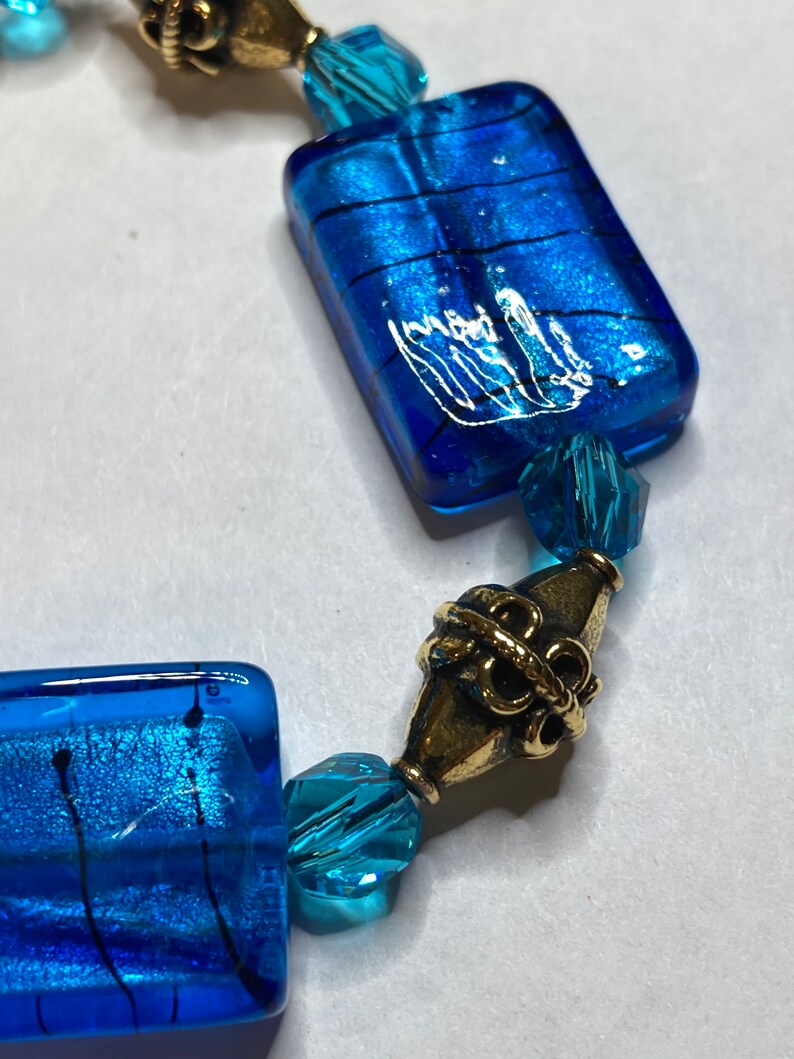 Blue Glass Rectangle Bead Blue Glass Bracelet Blue Rectangle Bracelet Bronze Bead Bracelet