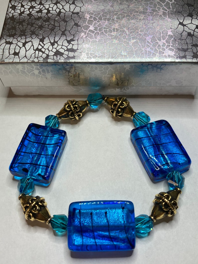 Blue Glass Rectangle Bead Blue Glass Bracelet Blue Rectangle Bracelet Bronze Bead Bracelet