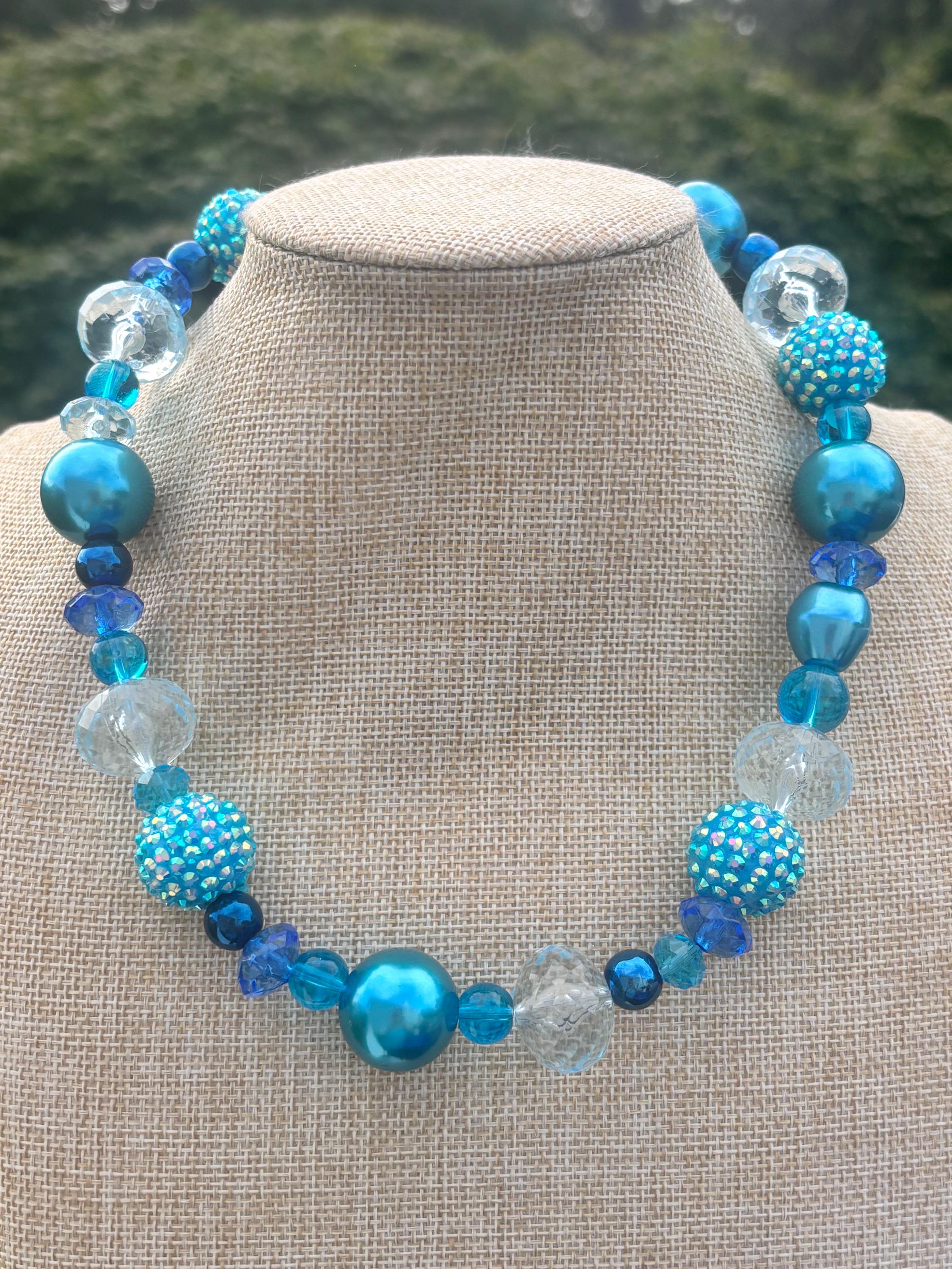 Chunky Sky Blue Beaded Necklace / Rhinestone Transparent
