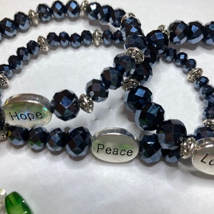 Inspirational Bracelets / Love Charm , Hope Charm , Peace Charm / Green, Yellow, and Black Glass Color Beads / Encouragement Jewelry