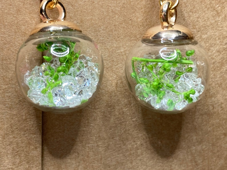 Snow globes earrings Vials Earrings Glass Ball Earrings with Dried Flowers Crystals Earrings