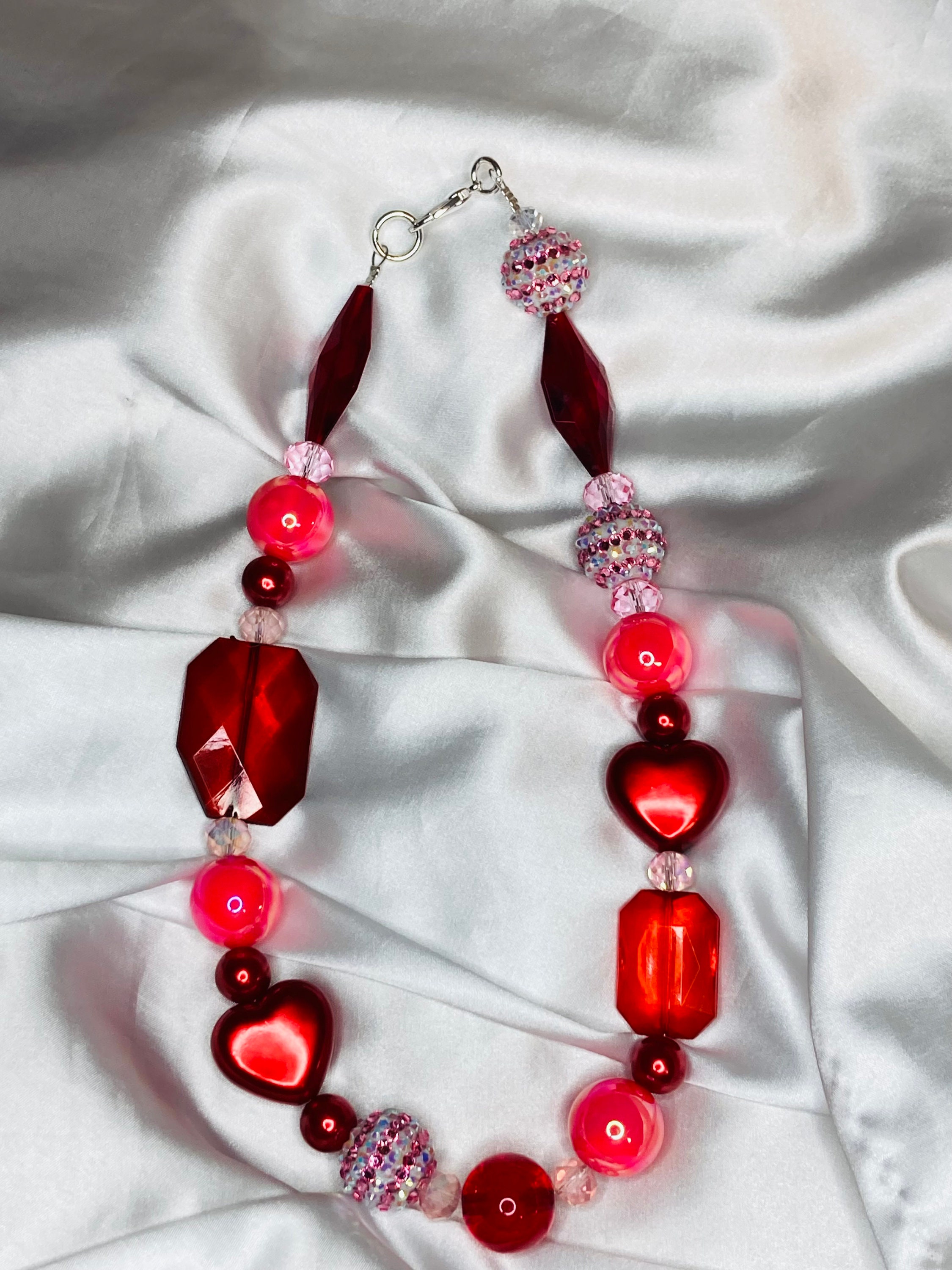 Red Heart Beaded Necklace / Multi Beaded Pink Red