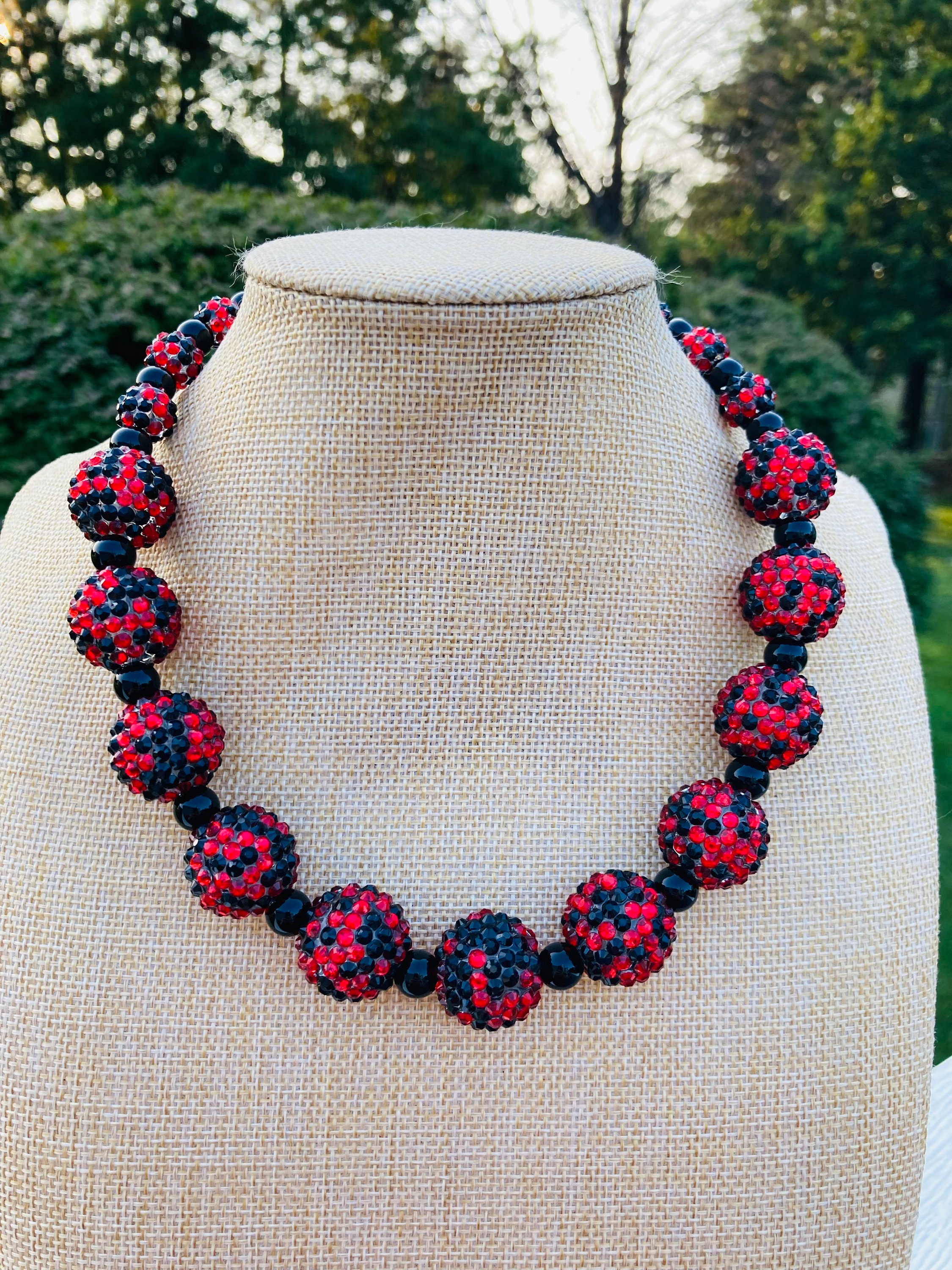 Chunky Red and Black Rhinestone Beaded Necklace / Black Onyx