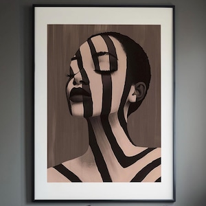 Impresión de arte mural con rostro rayado, retrato moderno de mujer afroamericana, arte lineal en tonos neutros, retrato abstracto de mujer africana, mujer negra minimalista