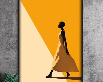 Modern African Woman Wall Art Print, Abstract Minimalist Yellow Poster, Afrocentric Boho Chic Decor for Bedroom or Contemporary Home
