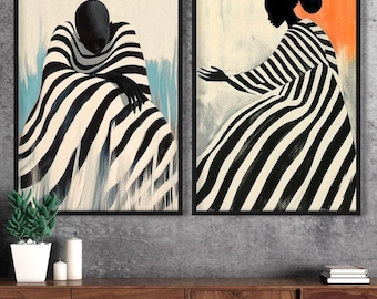 Black & white Couple Portrait abstract print, African Woman in Stripes, Afro Family Portrait, Afrocentric Modern Abstraction, Monochrome Set