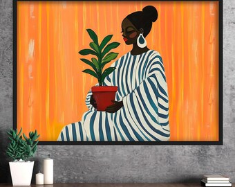 African Woman with a Potted Plant Portrait, Afro Girl Modern Painting, Black Woman Art Print, Female Artwork, African Girl Textured Wall Art