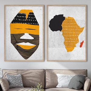 Abstrakte afroamerikanische Wandkunst, afrikanisches Boho Hauptdekor, Afrika-Liebhaber-Geschenk, gelb schwarze Tribal-Masken-Druck, afrozentrisches Kunst-Dekor