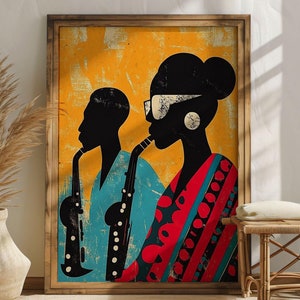 Afrikanische Jazzmusiker Druck, Saxophon Poster, Jazz Band Art, Schwarze Frau mit Saxophon Illustration, Jazz Wandkunst, Musik Studio Dekor