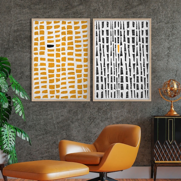 Mid Century Black Yellow Prints, Abstract Minimalist Wall Art, Contemporary Poster Collage, Ethnic Abstract Modern Afro Pattern Set