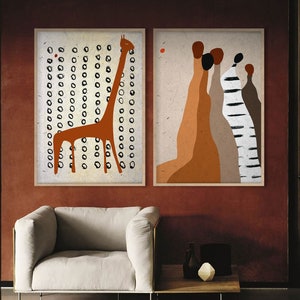 Giraffe and Bedouins in the Desert, Abstract Diptych African Wall Art, Savannah Ethno Motive Set, Abstract Figures, African Modern Art Dots