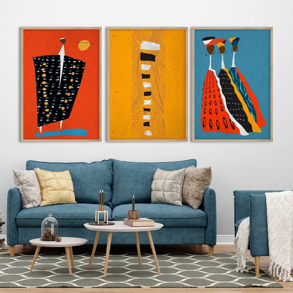 Ensemble de 3 oeuvres d'art noir africain, motifs culturels et impressions aux couleurs vives de l'Afrique, décoration bohème moderne, triptyque portrait de famille Mid-Century