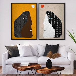 Romantic Date Ethno Poster Set, African Figurative Art, Black Yellow Abstract Faces Diptych Portrait, Contemporary Art Set, Lovers Print Set